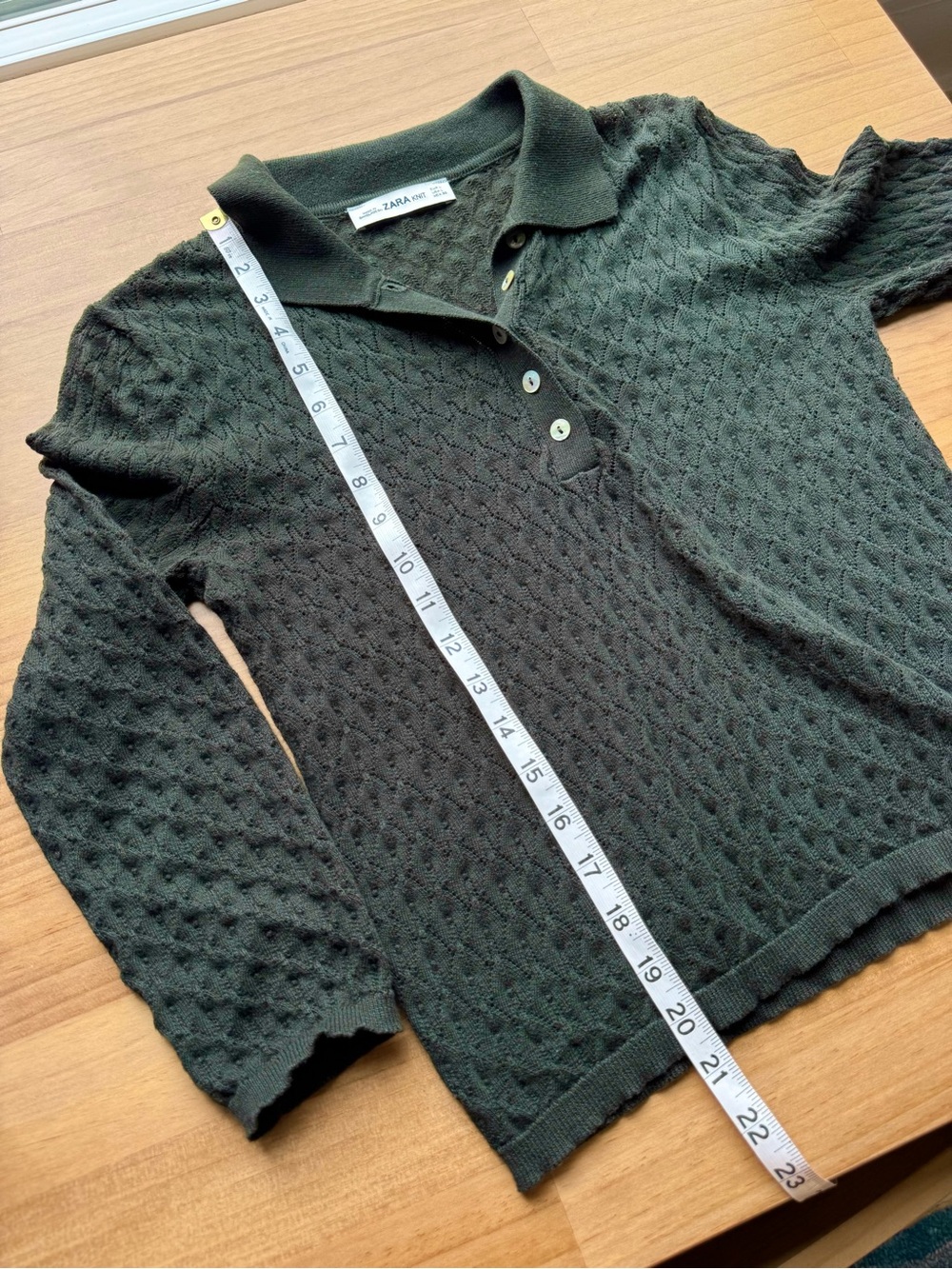 Zara Dark Olive Forest Green Polo Knit Sweater Semi-Sheer Lightweight Academia - Picture 9 of 9